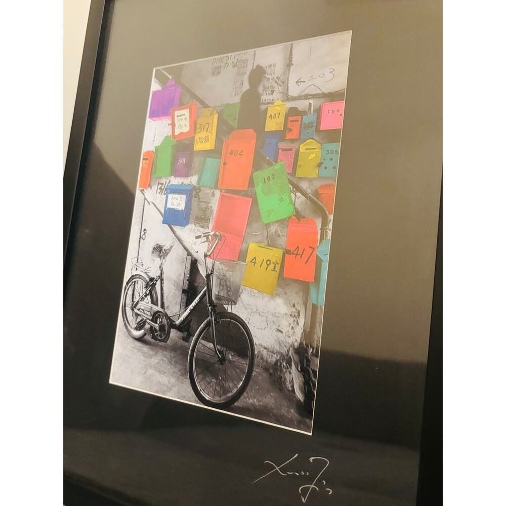 Framed Bicycle Photography Colorful Mailboxes Signed Xuanmin Jin
